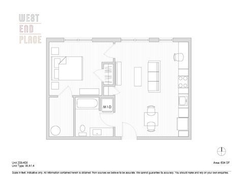 Floor plan for 1 bed, 1 bath, 634 sqft